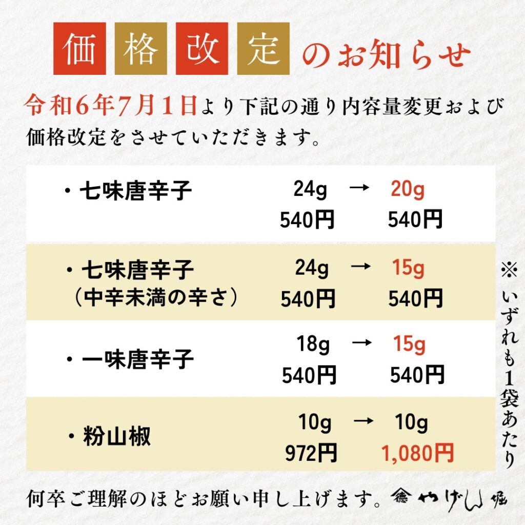 内容量および価格改定についてのお知らせ | やげん堀 七味唐辛子本舗